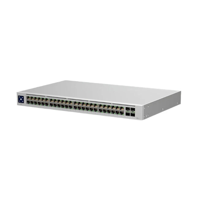 Isometric front view of the silver Ubiquiti UniFi USW-48 Gen2 standard non-PoE 48-port managed network switch.