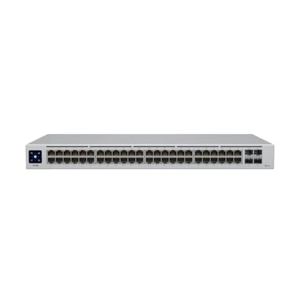 Isometric view of the silver Ubiquiti UniFi USW-48-PoE 48-port rackmount managed gigabit switch with integrated rack ears.