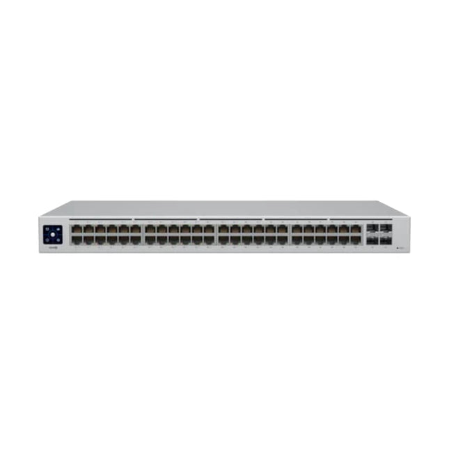 Isometric view of the silver Ubiquiti UniFi USW-48-PoE 48-port rackmount managed gigabit switch with integrated rack ears.
