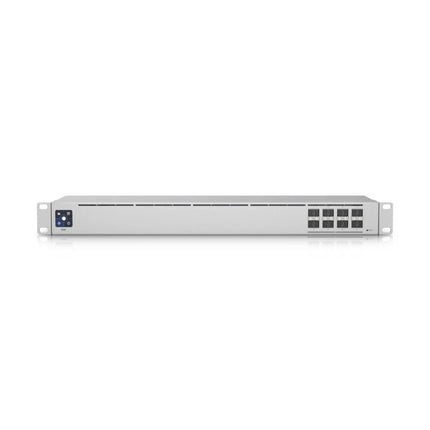 Front profile of the silver 1U rackmount Ubiquiti UniFi USW-Aggregation switch, showing its LCM touch display and block of eight 10G SFP+ fiber ports.