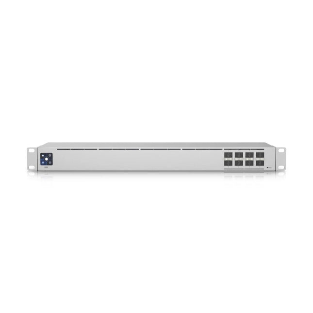 Front profile of the silver 1U rackmount Ubiquiti UniFi USW-Aggregation switch, showing its LCM touch display and block of eight 10G SFP+ fiber ports.