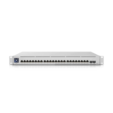 Front studio shot of the Ubiquiti UniFi Switch Enterprise 24 PoE showing its silver 1U rackmount metal housing and layout of the Ethernet interface.