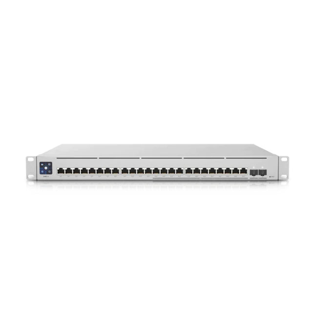 Front studio shot of the Ubiquiti UniFi Switch Enterprise 24 PoE showing its silver 1U rackmount metal housing and layout of the Ethernet interface.