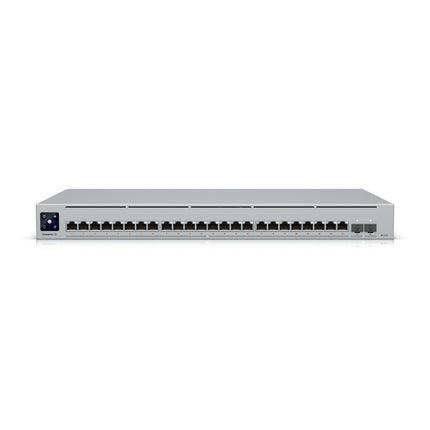 Full front view of the Ubiquiti UniFi Switch Enterprise XG 24 showing its premium 1U silver chassis and row of 10G network ports.