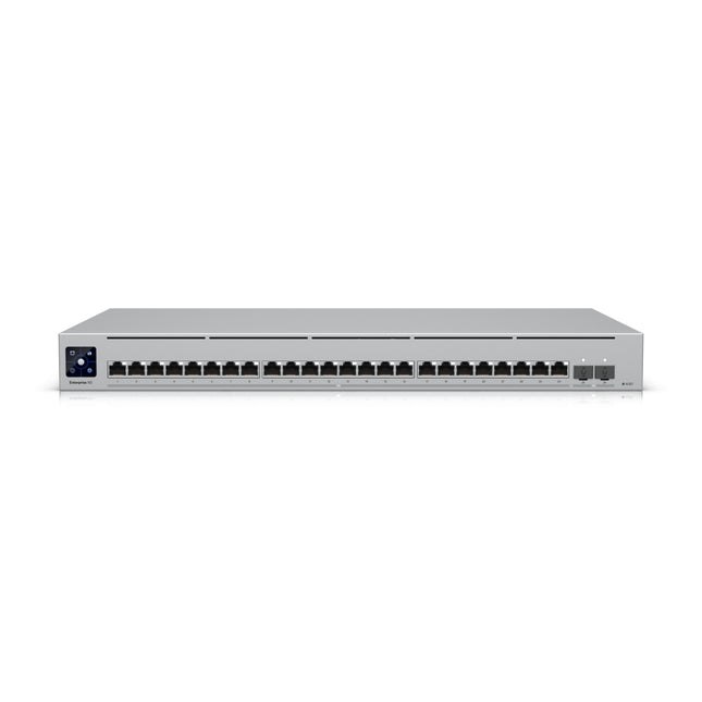 Full front view of the Ubiquiti UniFi Switch Enterprise XG 24 showing its premium 1U silver chassis and row of 10G network ports.
