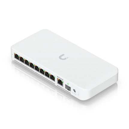 Front port view of the Ubiquiti UniFi USW-Flex-2.5G-8-PoE managed switch, displaying 8 multi-Gigabit 2.5GbE RJ45 ports including 4 dedicated 802.3at PoE+ output ports.
