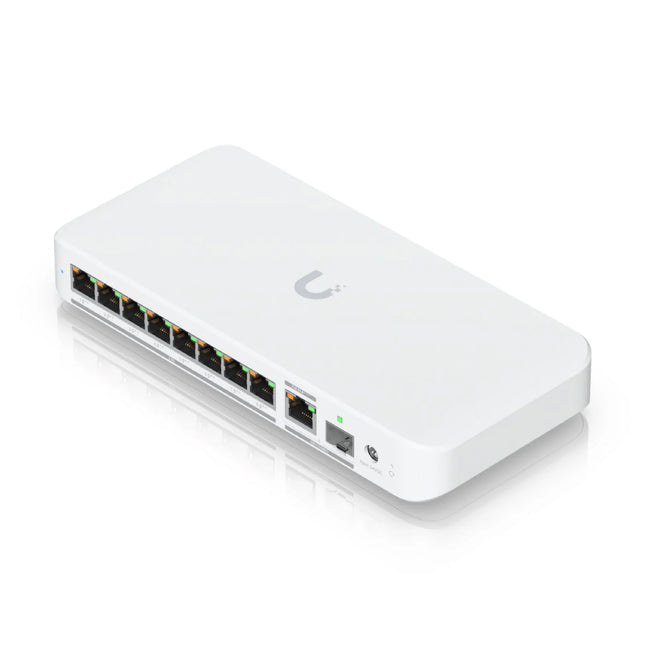 Front port view of the Ubiquiti UniFi USW-Flex-2.5G-8-PoE managed switch, displaying 8 multi-Gigabit 2.5GbE RJ45 ports including 4 dedicated 802.3at PoE+ output ports.