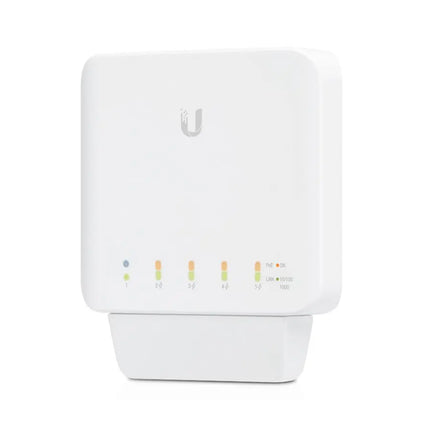 Bottom-facing port layout of the Ubiquiti UniFi USW-Flex switch, featuring 1 Gigabit PoE++ input port for power/uplink and 4 auto-sensing Gigabit PoE+ output ports with activity LEDs.