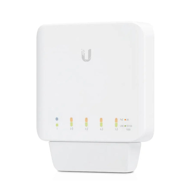 Bottom-facing port layout of the Ubiquiti UniFi USW-Flex switch, featuring 1 Gigabit PoE++ input port for power/uplink and 4 auto-sensing Gigabit PoE+ output ports with activity LEDs.