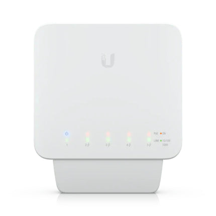 Front view of the Ubiquiti UniFi Switch Flex (USW-Flex) showcasing its clean, compact white polycarbonate weatherproof enclosure built for rugged outdoor and indoor network setups.