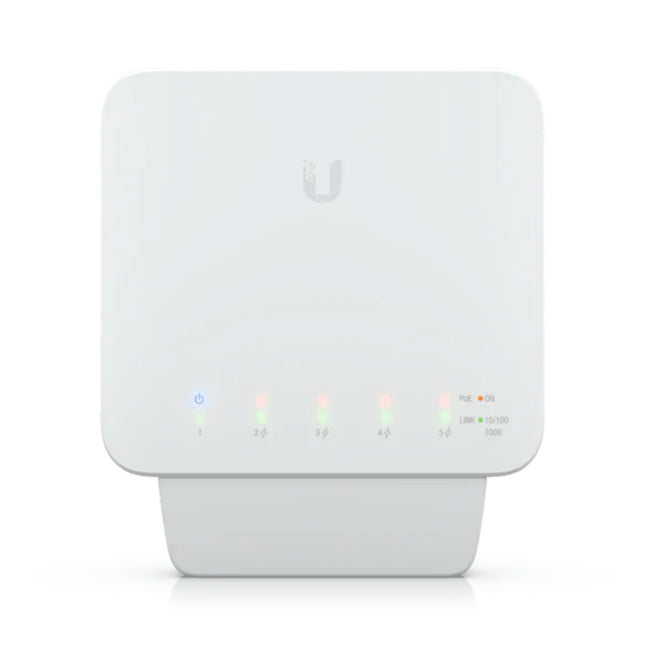 Front view of the Ubiquiti UniFi Switch Flex (USW-Flex) showcasing its clean, compact white polycarbonate weatherproof enclosure built for rugged outdoor and indoor network setups.
