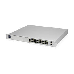 Front view of the Ubiquiti UniFi Pro 24 PoE Layer 3 switch displaying 16 Gigabit PoE+ ports, 8 high-power 802.3bt PoE++ ports, 2 10G SFP+ fiber uplink ports, and the status display.