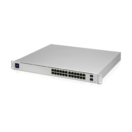 Front view of the Ubiquiti UniFi Pro 24 PoE Layer 3 switch displaying 16 Gigabit PoE+ ports, 8 high-power 802.3bt PoE++ ports, 2 10G SFP+ fiber uplink ports, and the status display.