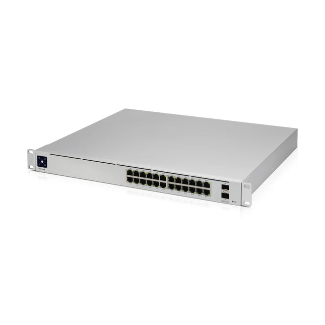 Front view of the Ubiquiti UniFi Pro 24 PoE Layer 3 switch displaying 16 Gigabit PoE+ ports, 8 high-power 802.3bt PoE++ ports, 2 10G SFP+ fiber uplink ports, and the status display.