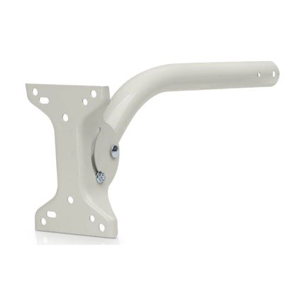 Exploded component layout of the Ubiquiti universal bracket kit including the curved metal pole arm, heavy-duty base plate, and assembly bolts.