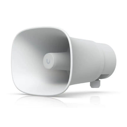 Ubiquiti UP-AI-Horn-Speaker front angle view showing rugged outdoor housing and directional design.