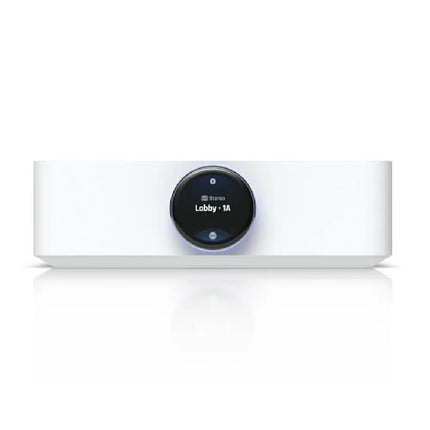 Ubiquiti UPL-AMP multi-zone audio amplifier front view highlighting the 1.43-inch touchscreen rotary knob.