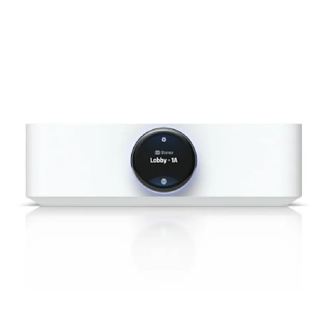 Ubiquiti UPL-AMP multi-zone audio amplifier front view highlighting the 1.43-inch touchscreen rotary knob.