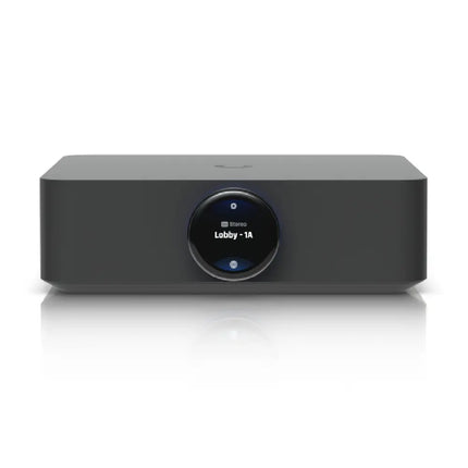 Rear panel ports of the Ubiquiti UPL-AMP showcasing dual GbE RJ45 ports, HDMI eARC, and speaker terminals.