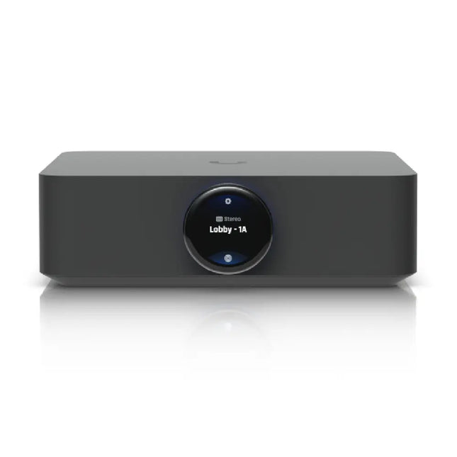 Rear panel ports of the Ubiquiti UPL-AMP showcasing dual GbE RJ45 ports, HDMI eARC, and speaker terminals.