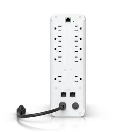 Rear panel of the Ubiquiti UPS Tower displaying battery backup outlets and surge-protected ports.