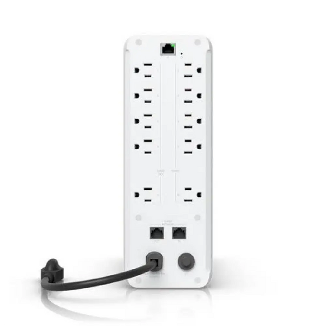 Rear panel of the Ubiquiti UPS Tower displaying battery backup outlets and surge-protected ports.