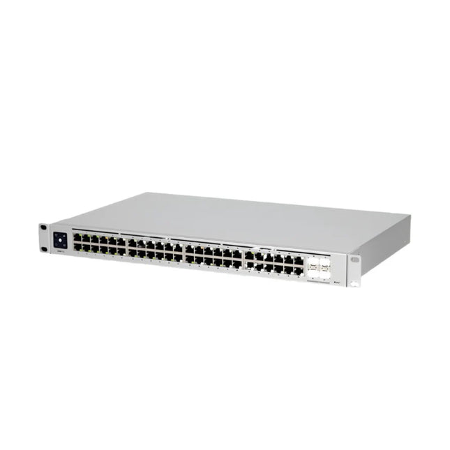 Labeled diagram view of the Ubiquiti USW-48 front interface panel highlighting the 1.3-inch LCM touch display, the 48 RJ45 ports, and 4 SFP fiber slots.