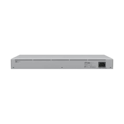 Close-up of the 1.3-inch LCM color touch display on the front panel of a Ubiquiti USW-48-PoE switch showing real-time network throughput data.