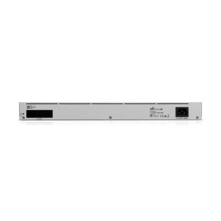 Close-up detail of the far right side of the Ubiquiti USW-48 switch showing four 1G SFP slots used for optical fiber cascading and uplinks.