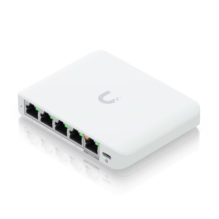 Detail view of 5 multi-gigabit 2.5GbE RJ45 ports on Ubiquiti USW Flex 2.5G switch