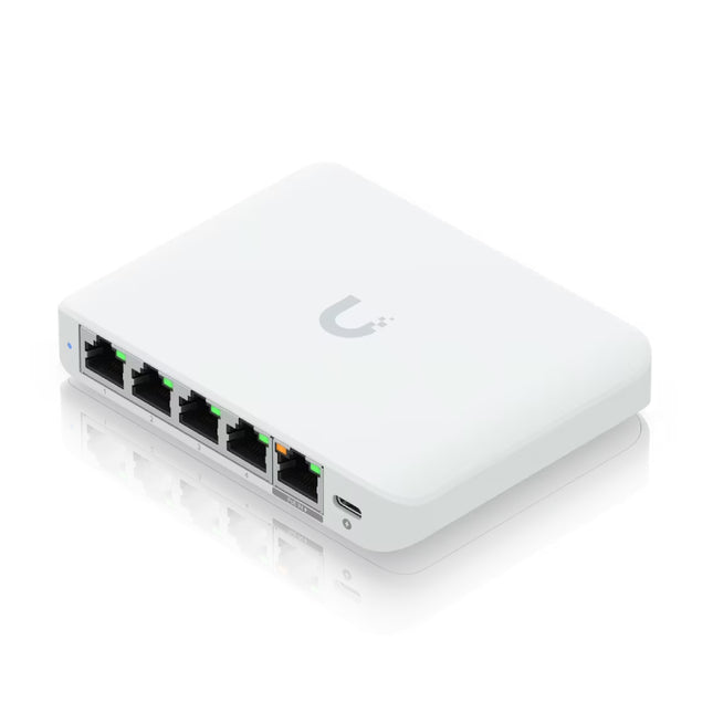 Detail view of 5 multi-gigabit 2.5GbE RJ45 ports on Ubiquiti USW Flex 2.5G switch