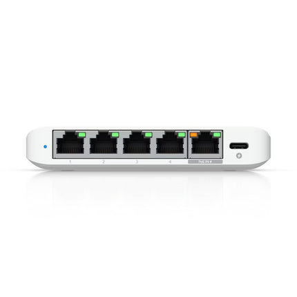 USB-C power input port and PoE input on Ubiquiti USW-Flex-2.5G-5 switch rear