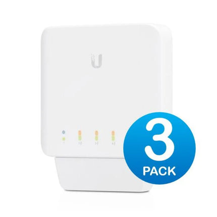 Front shot of the white Ubiquiti UniFi USW-Flex 5-port gigabit switch from a 3-pack commercial bundle, showing the row of RJ45 networking ports.
