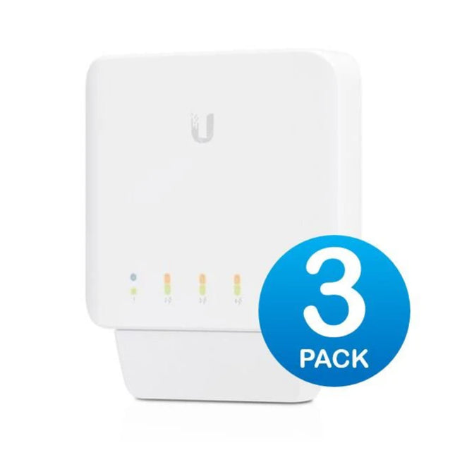 Front shot of the white Ubiquiti UniFi USW-Flex 5-port gigabit switch from a 3-pack commercial bundle, showing the row of RJ45 networking ports.