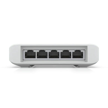 The NDAA-compliant Ubiquiti UniFi USW-Flex 5-port Layer 2 managed switch displayed alongside its included outdoor mounting straps, wall anchors, and hardware accessories.