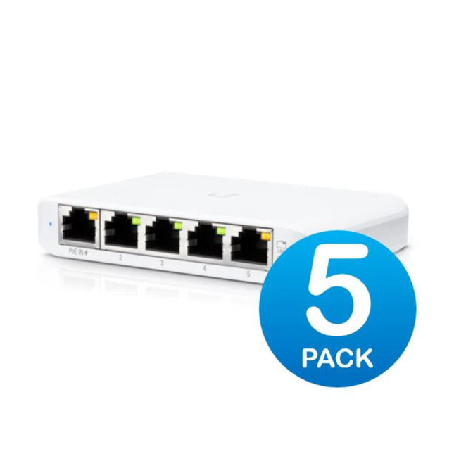 A multi-pack commercial bundle displaying five white, ultra-compact Ubiquiti UniFi USW-Flex-Mini 5-port Layer 2 gigabit switches stacked together.