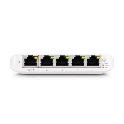 High-angle view showcasing the pocket-sized form factor of the USW-Flex-Mini, emphasizing its low-profile footprint for discrete edge network expansion.