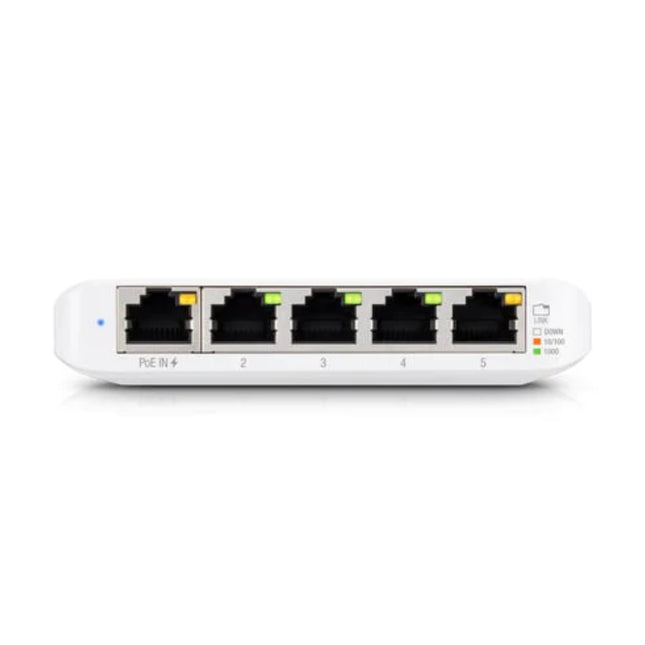 High-angle view showcasing the pocket-sized form factor of the USW-Flex-Mini, emphasizing its low-profile footprint for discrete edge network expansion.