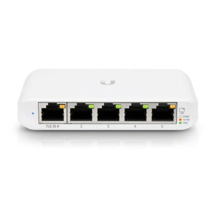 Close-up of the input ports on the USW-Flex-Mini, highlighting Port 1 configured for 802.3af/at PoE input and the adjacent 5V DC USB-C power connection socket.