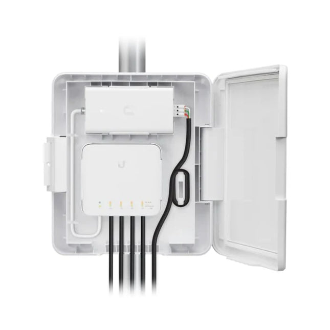 Internal compartment view of the USW-Flex-Utility housing showing the pre-installed 60W power adapter, power supply bracket, integrated grounding point, and an RJ45 PoE patch cord.