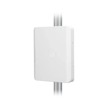 Front viewpoint of the Ubiquiti UniFi USW-Flex-Utility heavy-duty white polycarbonate weatherproof enclosure casing, designed to house and protect the UniFi Switch Flex in demanding outdoor environments.