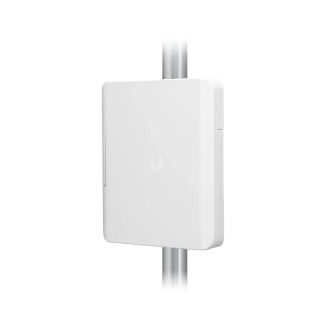 Front viewpoint of the Ubiquiti UniFi USW-Flex-Utility heavy-duty white polycarbonate weatherproof enclosure casing, designed to house and protect the UniFi Switch Flex in demanding outdoor environments.