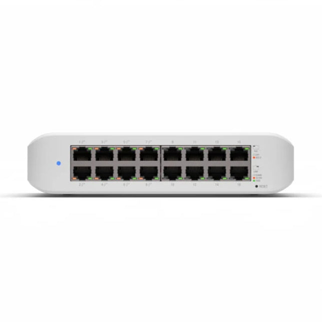 Front interface layout of the USW-Lite-16-PoE highlighting ports 1 through 8, which provide auto-sensing 802.3at PoE+ power backed by a 45W total power budget.