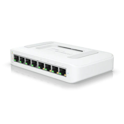Front port configuration of the USW-Lite-8-PoE highlighting ports 1 through 4 which deliver auto-sensing 802.3at PoE+ power with a total 52W system budget.