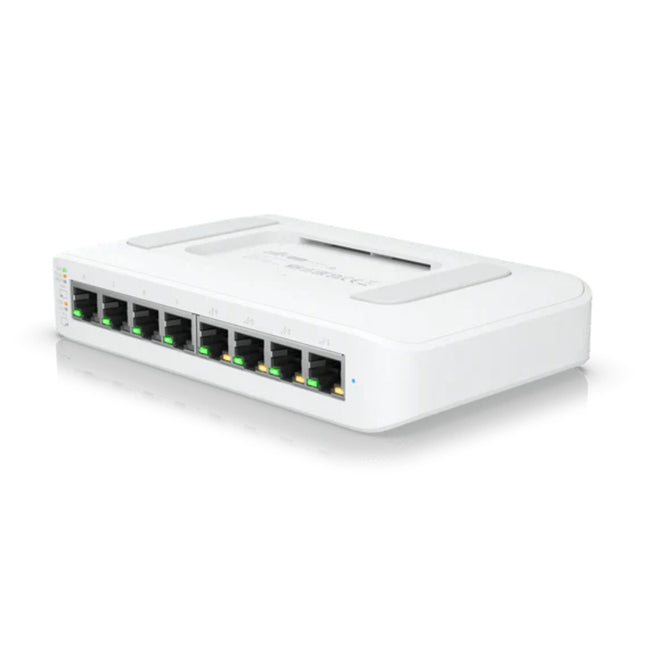 Front port configuration of the USW-Lite-8-PoE highlighting ports 1 through 4 which deliver auto-sensing 802.3at PoE+ power with a total 52W system budget.