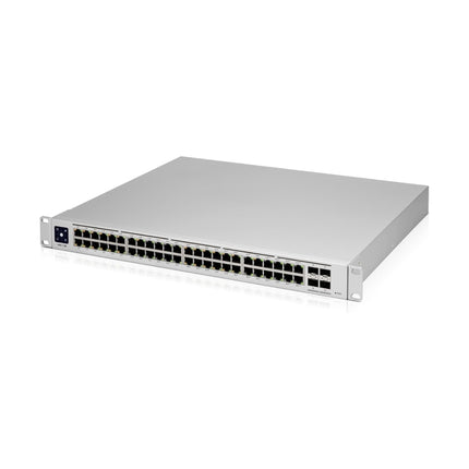 Detail shot of the front panel on the Ubiquiti USW-Pro-48-PoE switch, highlighting the 8 high-power 802.3bt PoE++ ports alongside standard PoE+ connectivity.