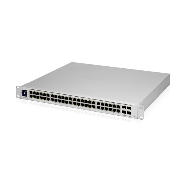 Detail shot of the front panel on the Ubiquiti USW-Pro-48-PoE switch, highlighting the 8 high-power 802.3bt PoE++ ports alongside standard PoE+ connectivity.