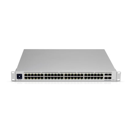 Front view of the silver Ubiquiti UniFi USW-Pro-48-PoE Gen2 switch, showing the 48 gigabit Ethernet ports, 1.3-inch LCM touchscreen, and 10G SFP+ slots.