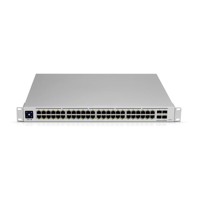 Front view of the silver Ubiquiti UniFi USW-Pro-48-PoE Gen2 switch, showing the 48 gigabit Ethernet ports, 1.3-inch LCM touchscreen, and 10G SFP+ slots.