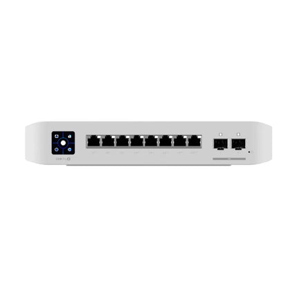 Front angle view of the Ubiquiti USW-Pro-8-PoE managed switch showcasing its ports and LCM color touchscreen.